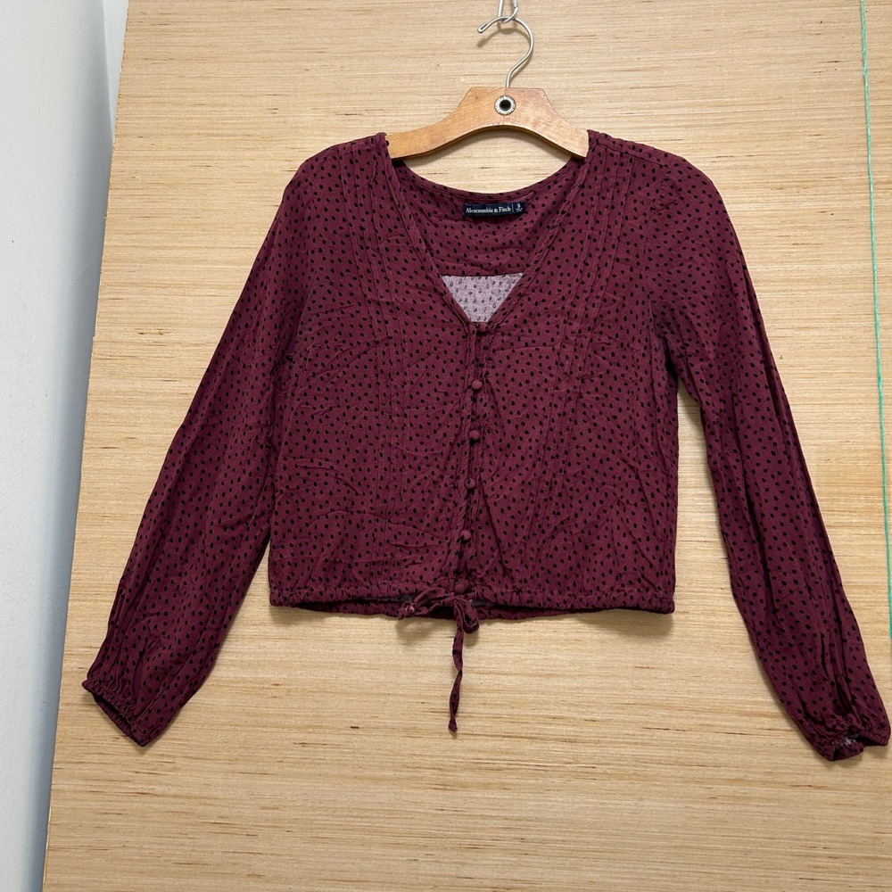 Abercrombie & Fitch Womens Small Burgundy Polka Dot Tie Front V-Neck Blouse Top